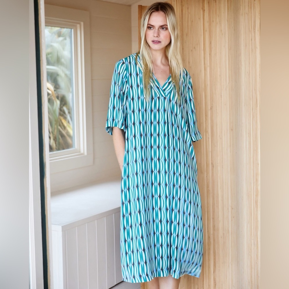 CAROLYN DONNELLY Abstract Print V Neck Pockets Midi Dress Sz UK M EU 40-42 US 8